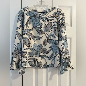 Karen Kane Blue and Cream Floral Blouse